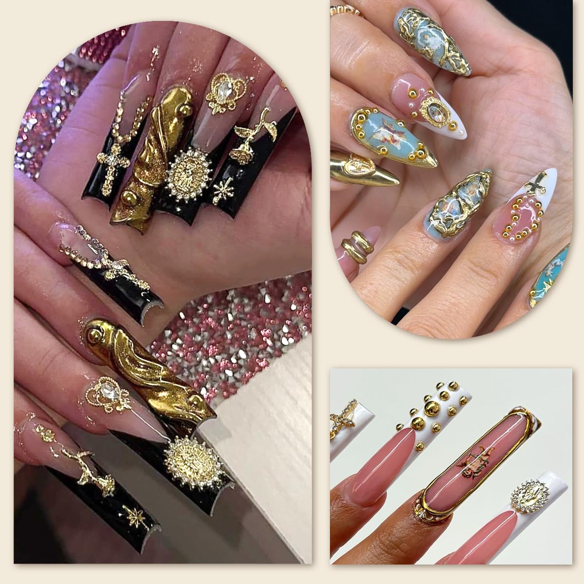 LCiclly nail artist applying gold charm to press-on for secure finish