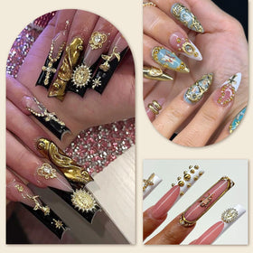 LCiclly nail artist applying gold charm to press-on for secure finish