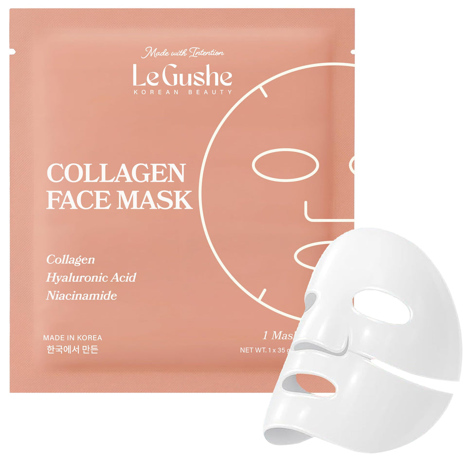 LE GUSHE front packaging showing four hydrogel mask packs and benefits
