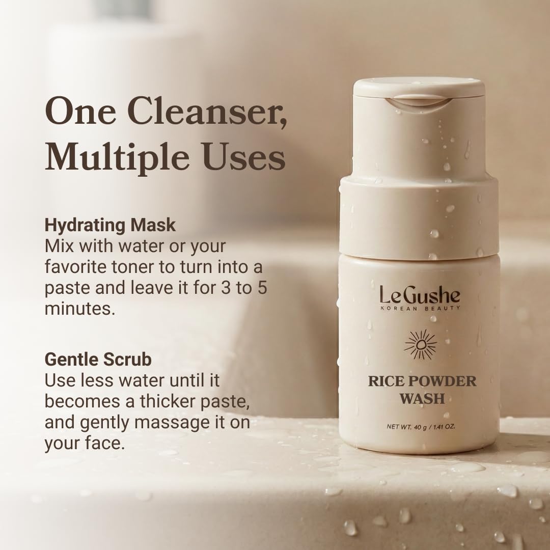 LE GUSHE on a bathroom shelf styled to show daily skincare routine