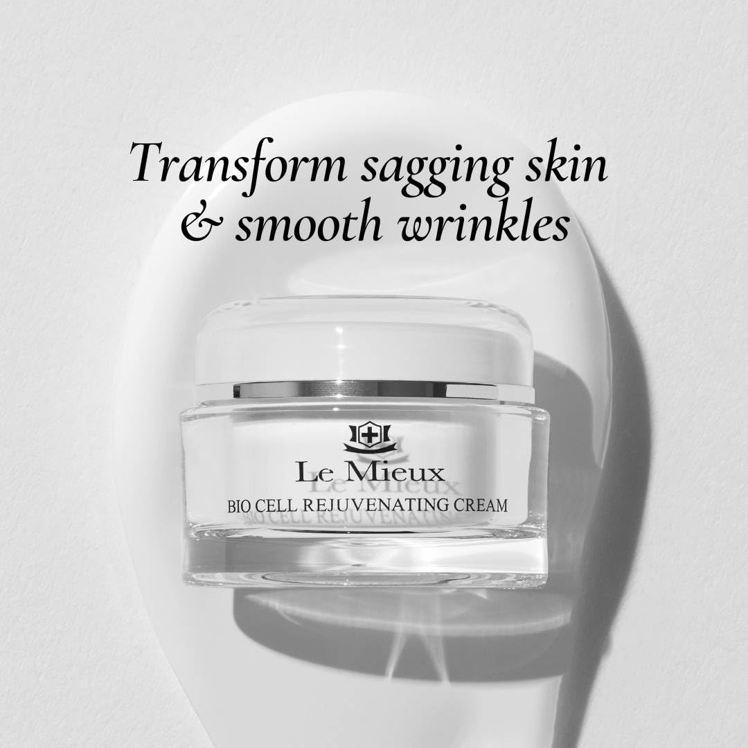 Le Mieux jar dispensing cream detail, demonstrating easy pump application benefit