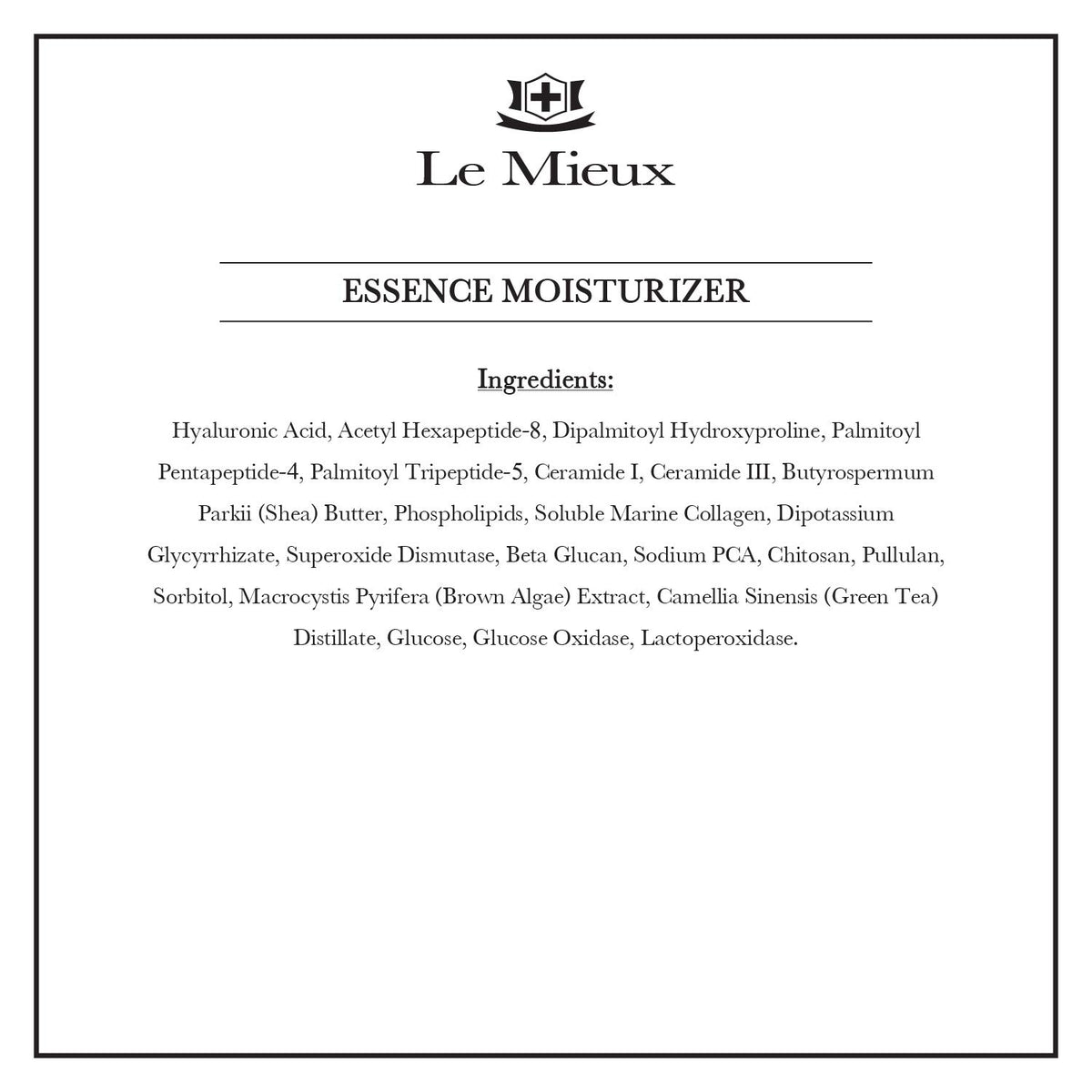 Le Mieux ingredient label highlighting peptides, marine collagen and hyaluronic acid benefits