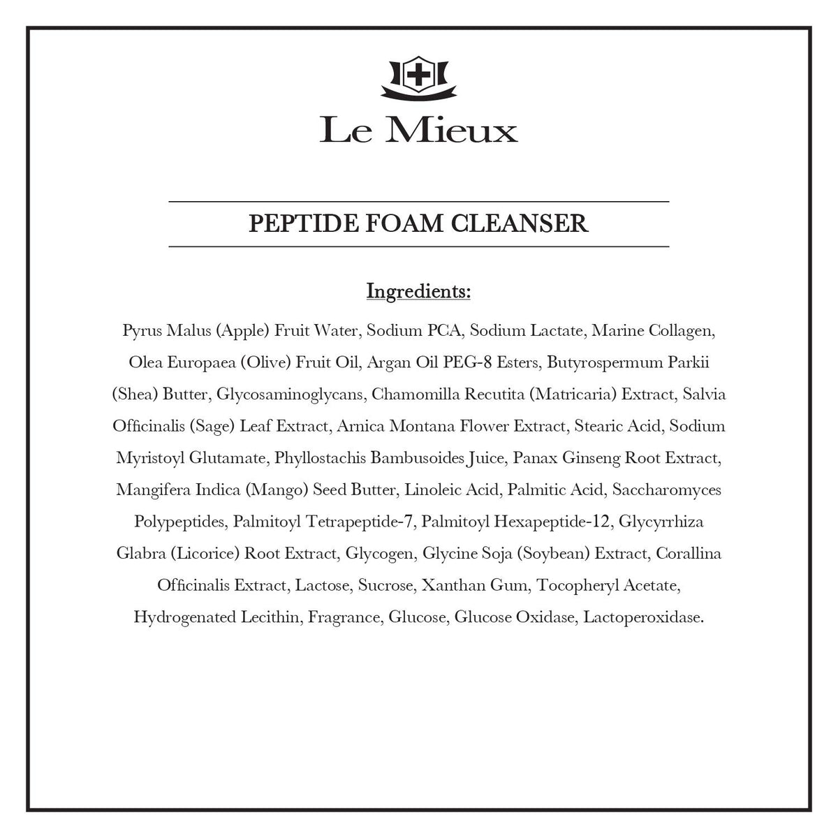 Le Mieux ingredients label close-up highlighting peptides and marine collagen