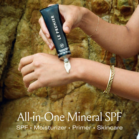 Le Prunier sunscreen swatch on skin illustrating sheer mineral coverage
