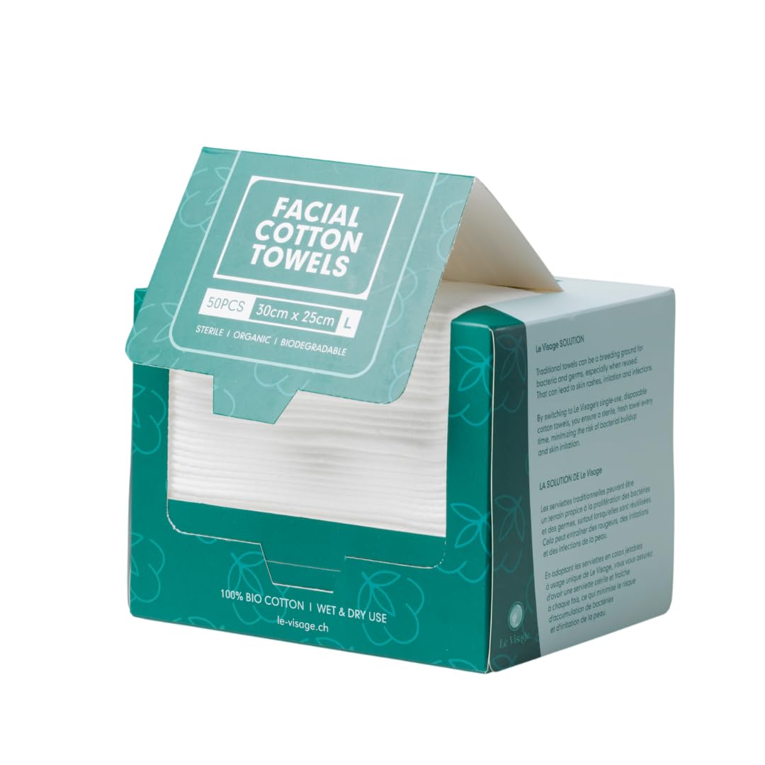 Le Visage front packaging showing 50 towels and clean branding benefit