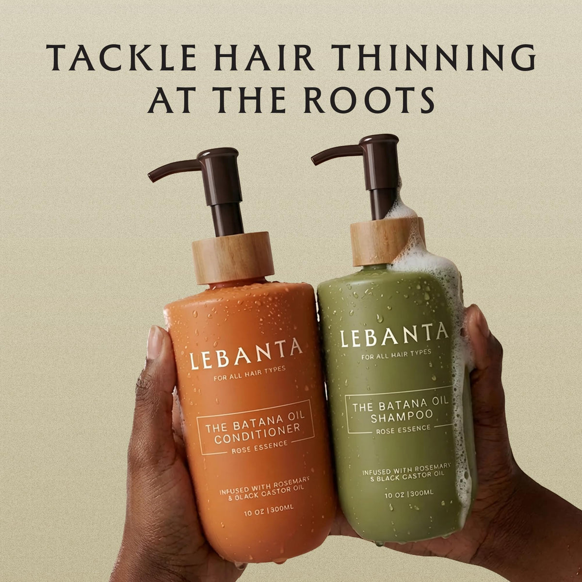 Lebanta shampoo pump close-up showing creamy lather texture