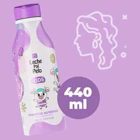 Leche Pal Pelo bottle beside hand for scale, shows 14.9 fl. oz family size