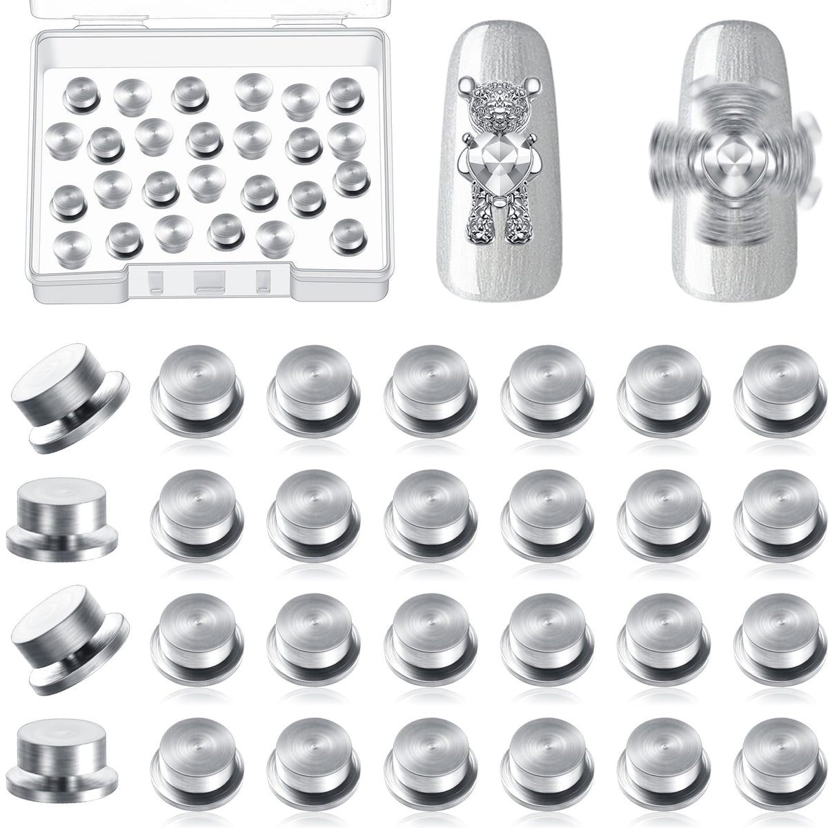 Leelosp front view of 30-piece spinning nail charms showing quantity and finish benefits