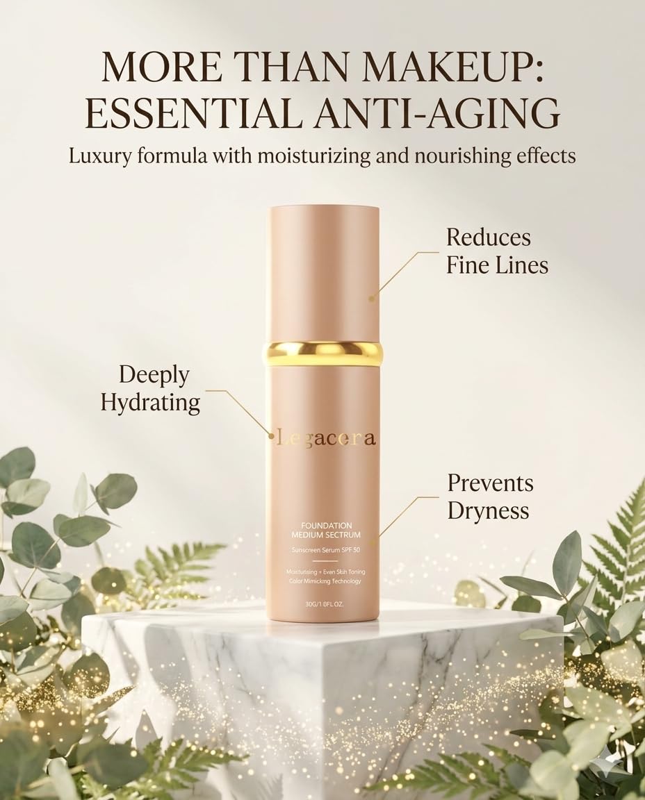 Legacera lifestyle shot of woman applying foundation showing hydrated finish and confidence