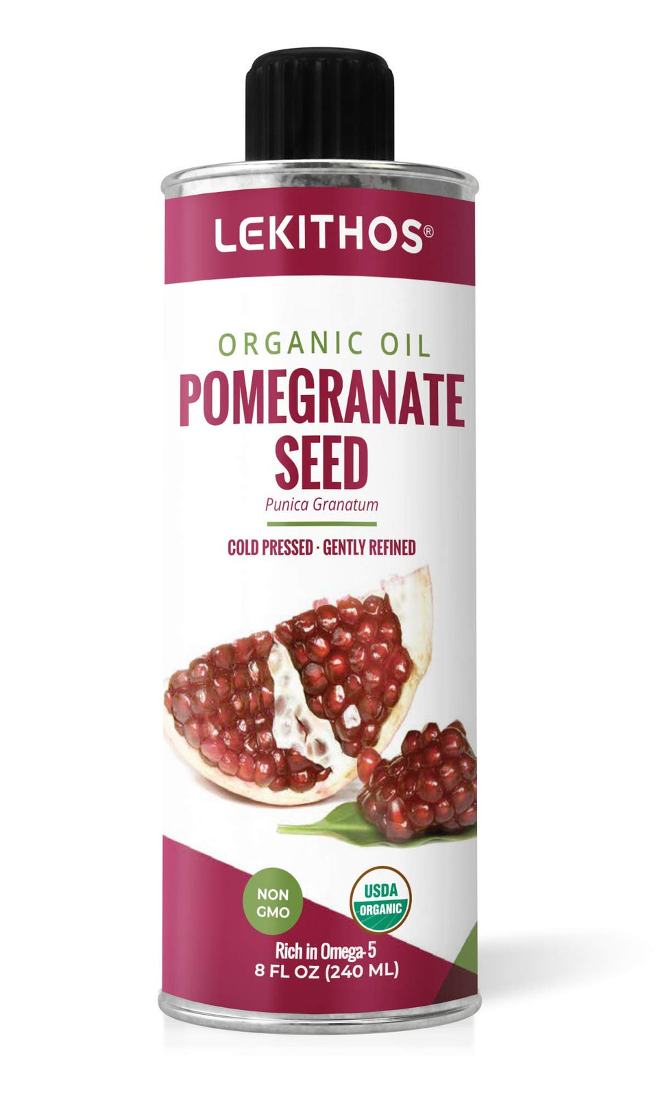 Lekithos front bottle showing amber oil and organic label benefit of purity