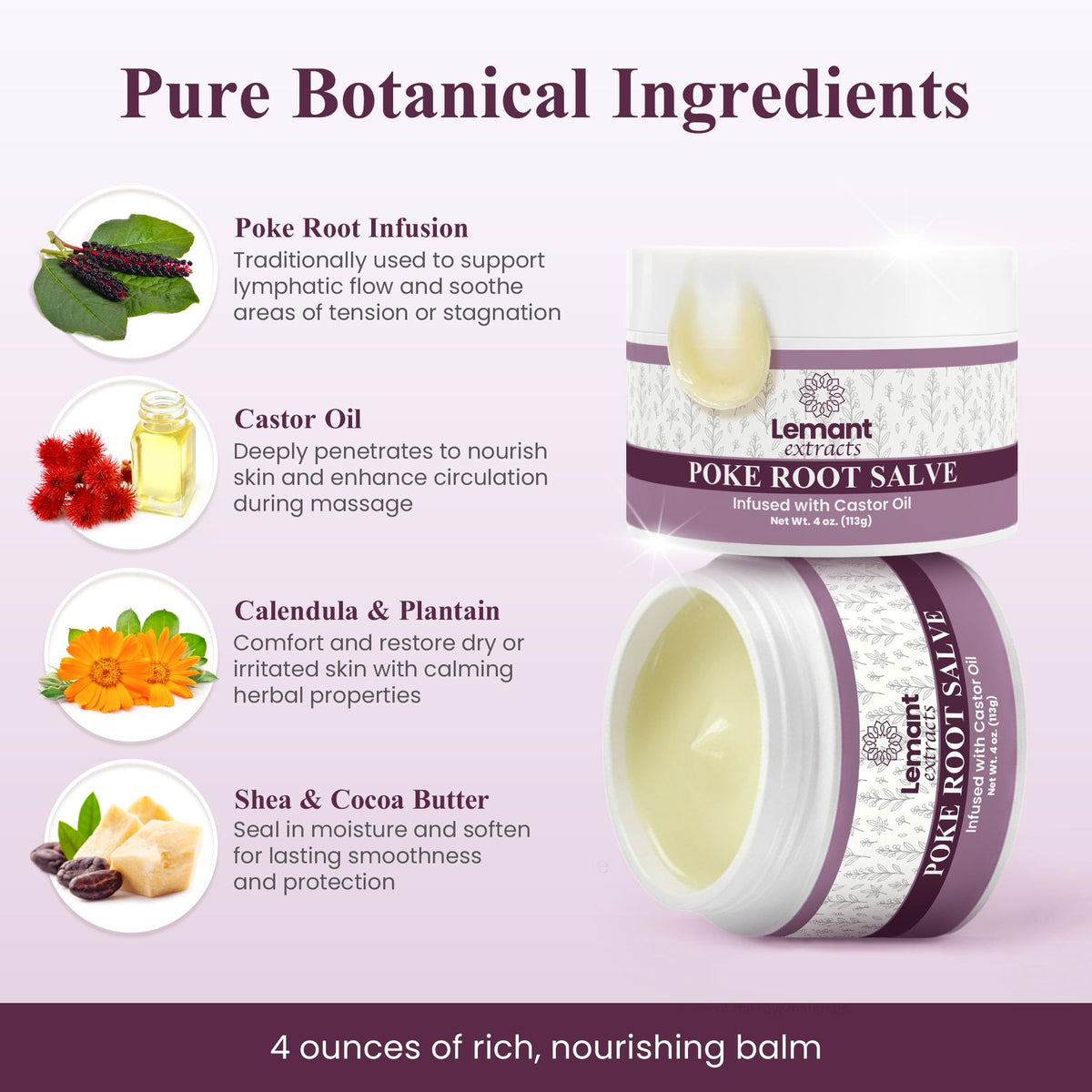 Lemant flatlay of poke root, calendula and castor oil, highlighting natural ingredients benefit
