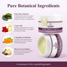 Lemant flatlay of poke root, calendula and castor oil, highlighting natural ingredients benefit