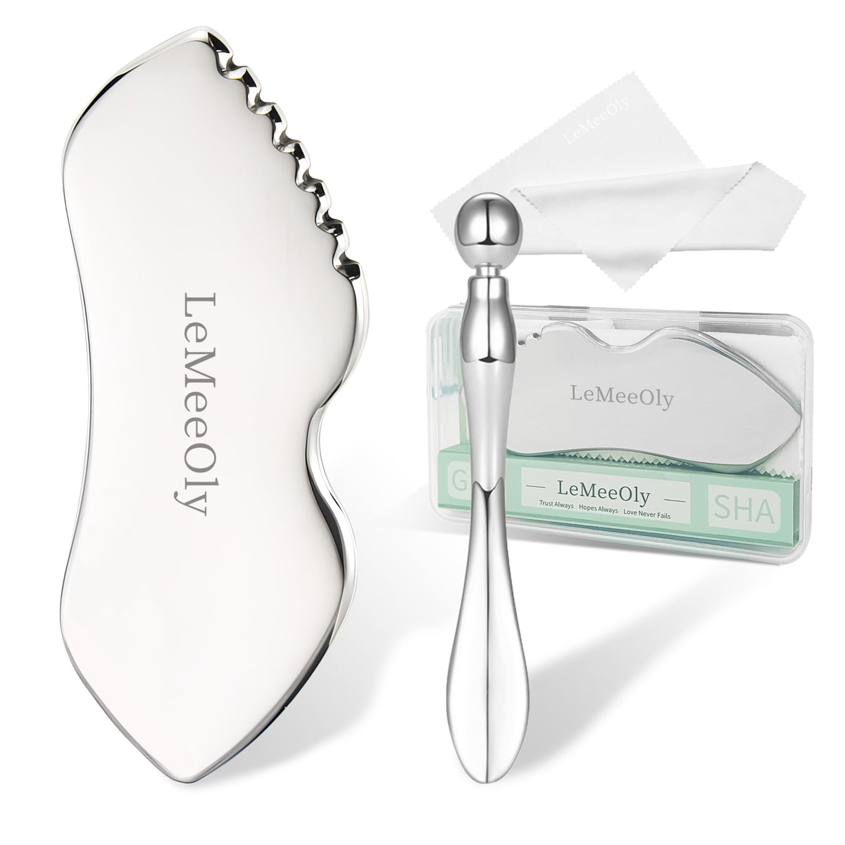 LeMeeOly front packaging showing the stainless steel gua sha set and gift box benefit clarity