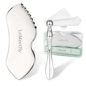 LeMeeOly front packaging showing the stainless steel gua sha set and gift box benefit clarity