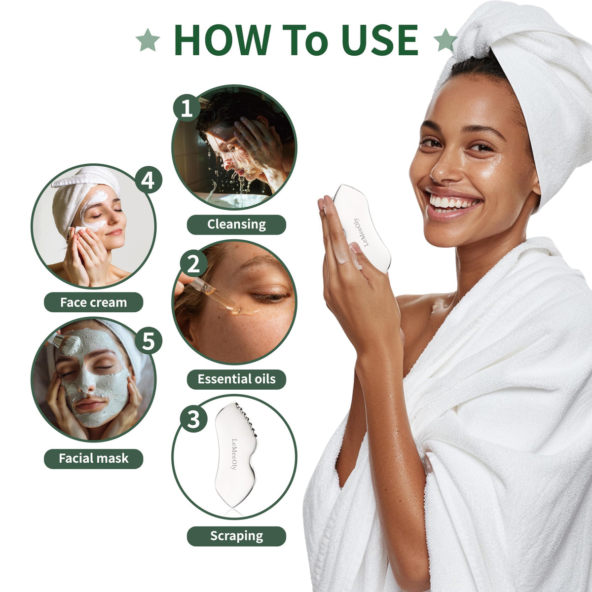 LeMeeOly gua sha set styled on vanity showing gift-ready presentation benefit