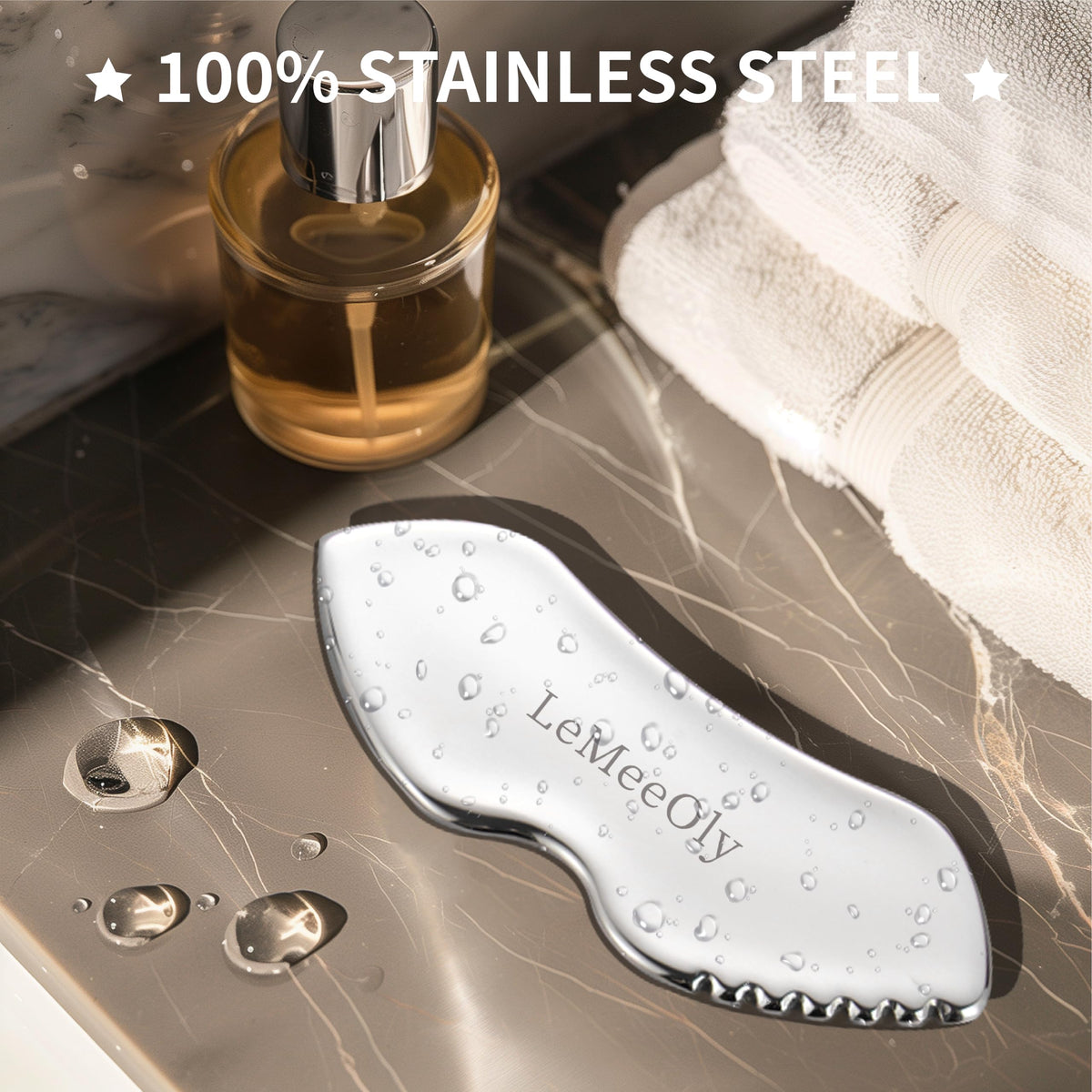 LeMeeOly gua sha held in hand for scale showing compact size and travel convenience benefit