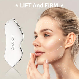 LeMeeOly tool used on cheek showing de-puffing massage benefit
