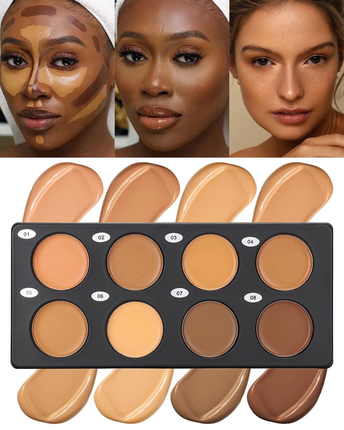 Lestpola palette front open showing eight shades and compact mirror benefit: all-in-one coverage