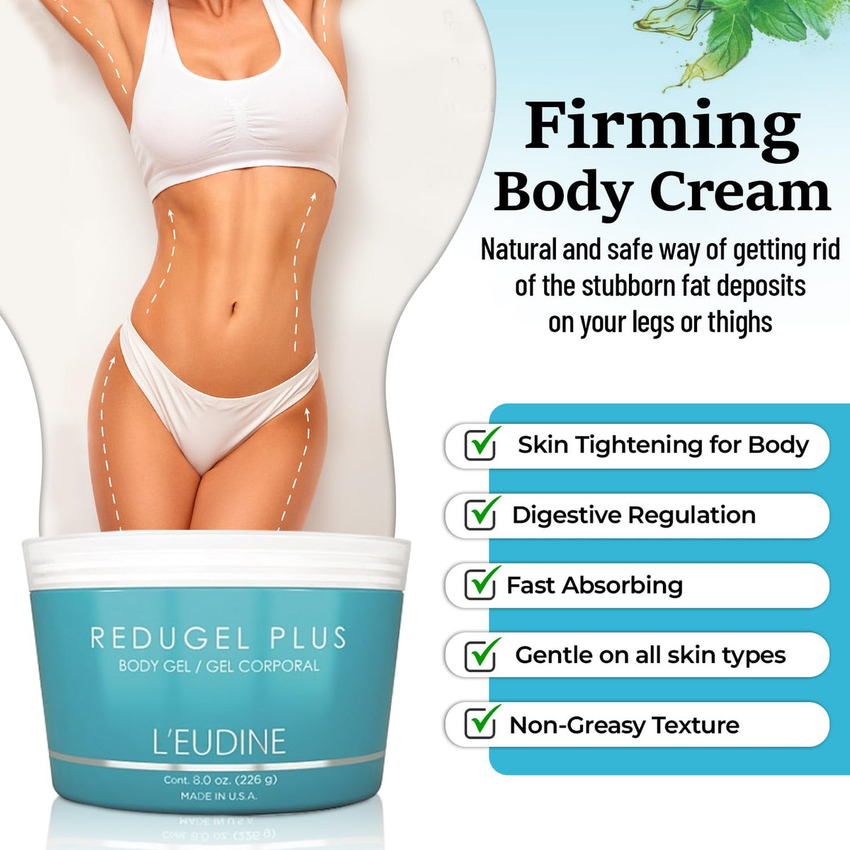 L'eudine jar with mint oil and horsetail visuals highlighting natural actives