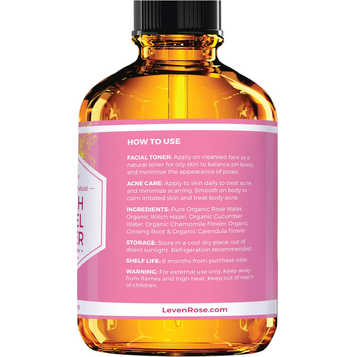 Leven Rose amber bottle label close-up showing organic ingredient list