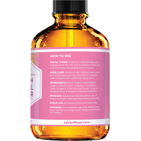 Leven Rose amber bottle label close-up showing organic ingredient list