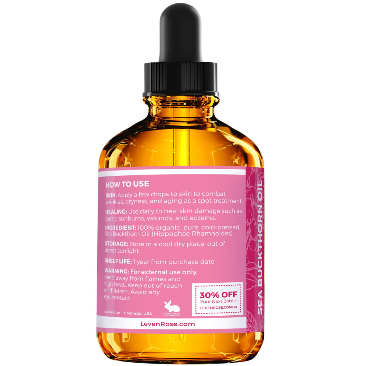Close-up of Leven Rose amber glass bottle neck and glass stopper, preserves freshness