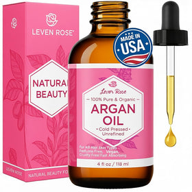 Leven Rose argan oil front label showing product identity and purity