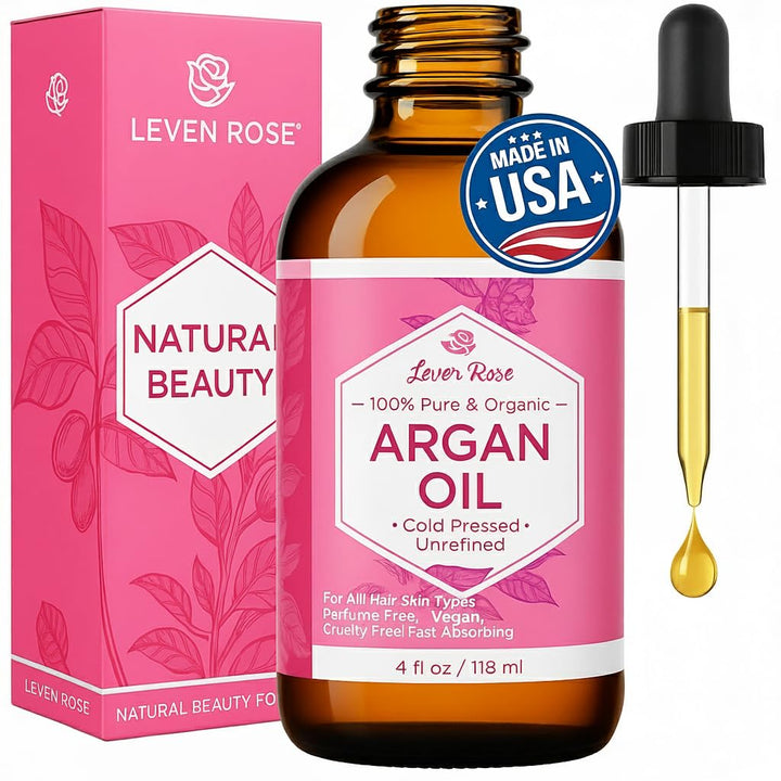 Leven Rose argan oil front label showing product identity and purity