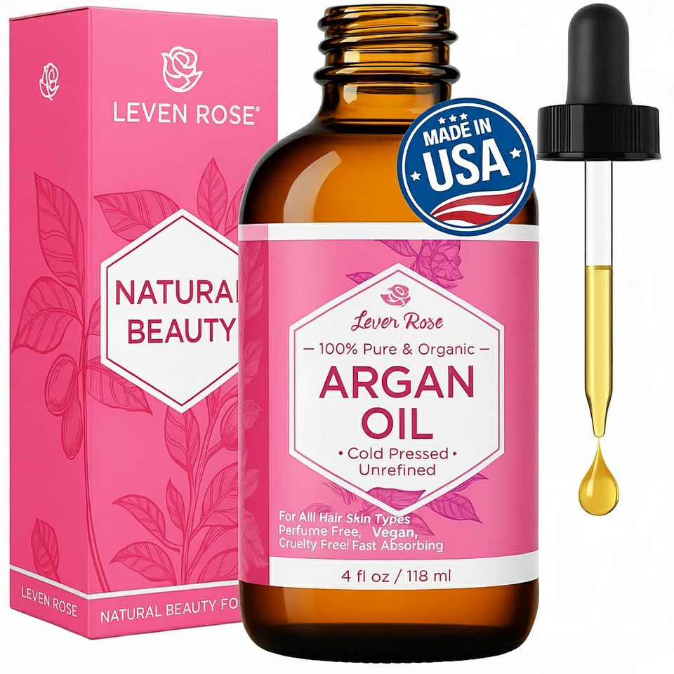 Leven Rose argan oil front label showing product identity and purity