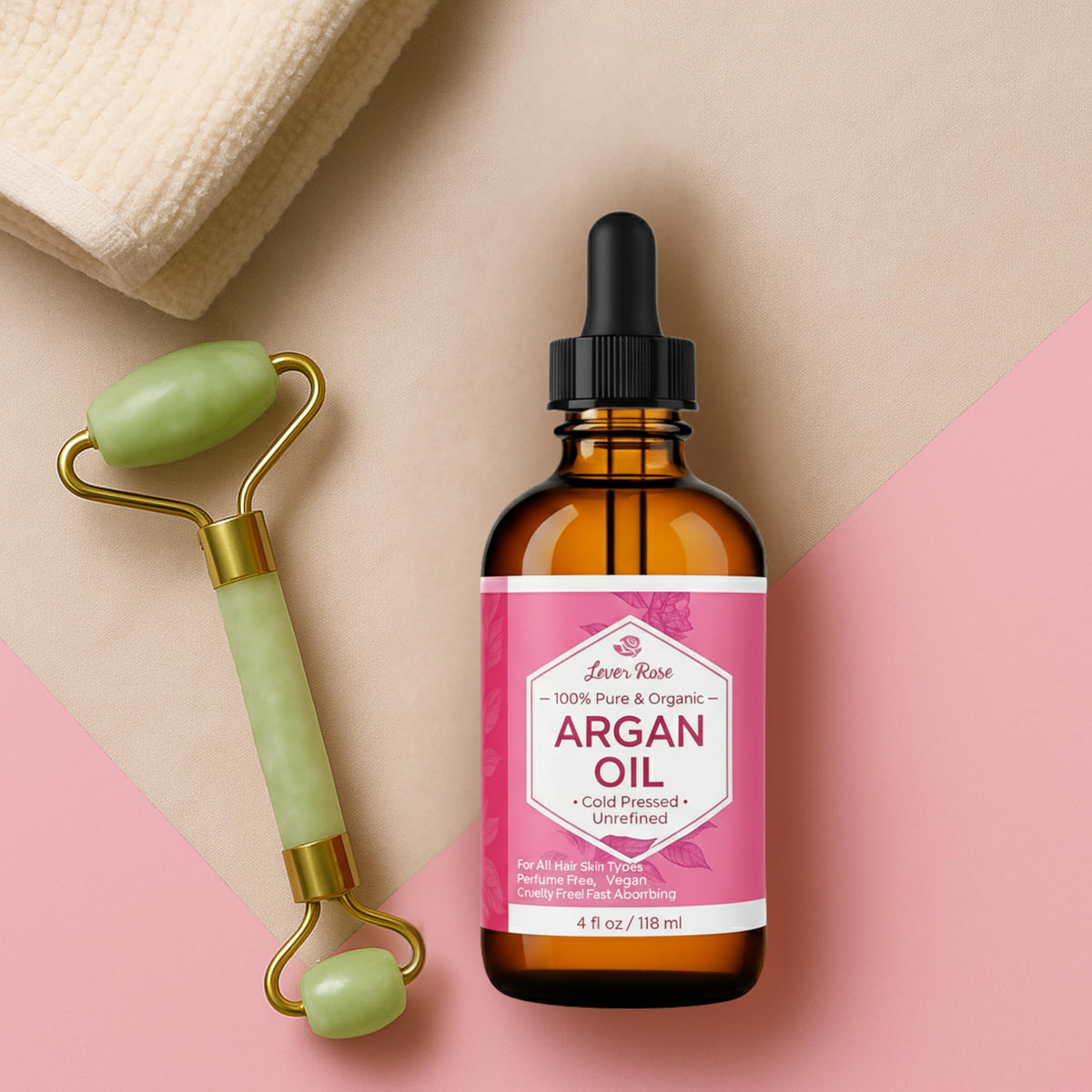 Leven Rose bottle next to hand to demonstrate 4 oz size and scale