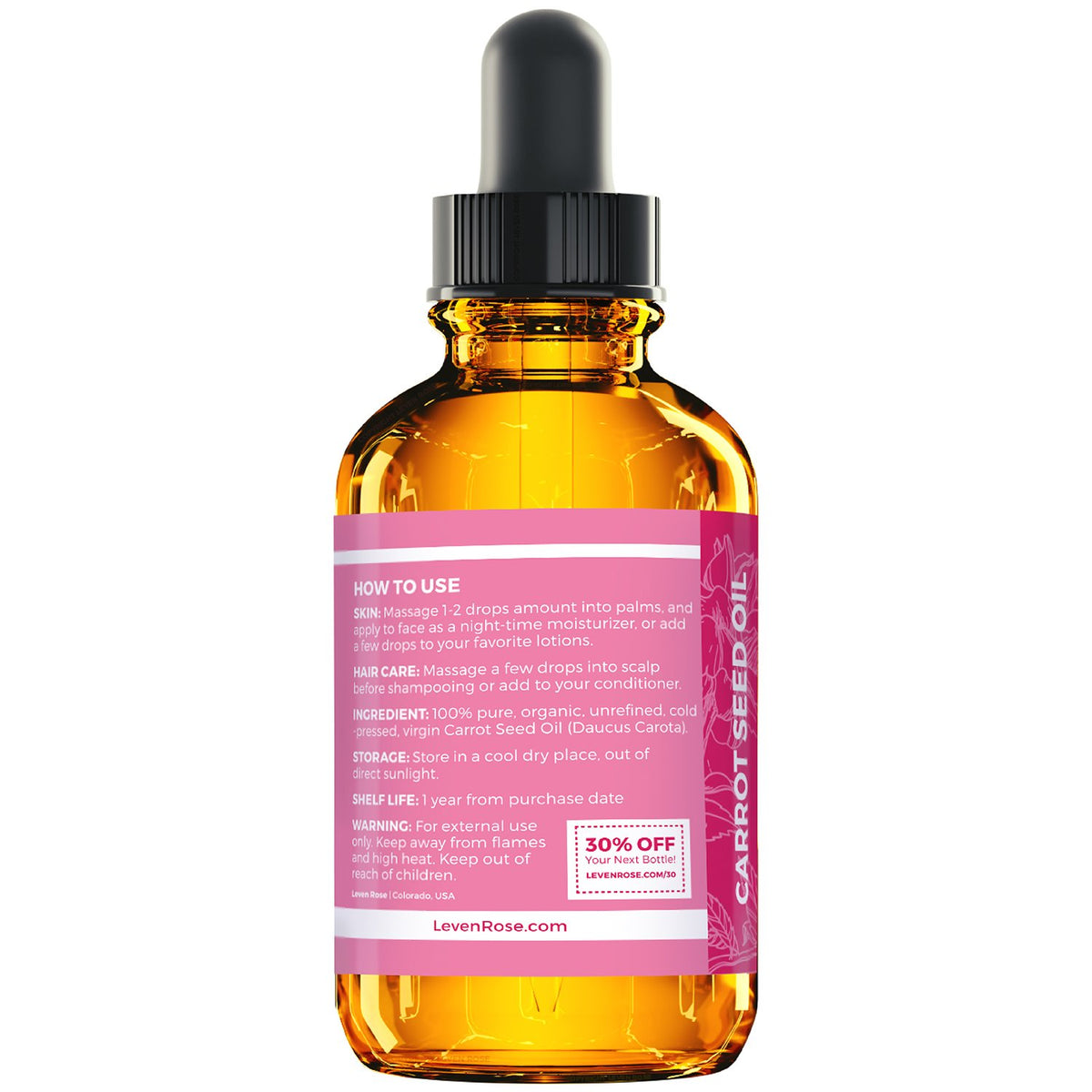 Leven Rose drop of carrot seed oil on palm for concentrated moisturizing benefit