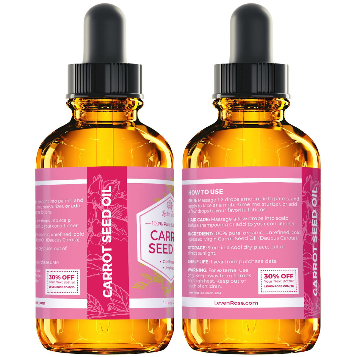 Leven Rose label close-up showing single-ingredient purity and cold-pressed benefit