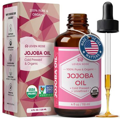 Leven Rose amber bottle front view showing pure jojoba oil and clean packaging benefit