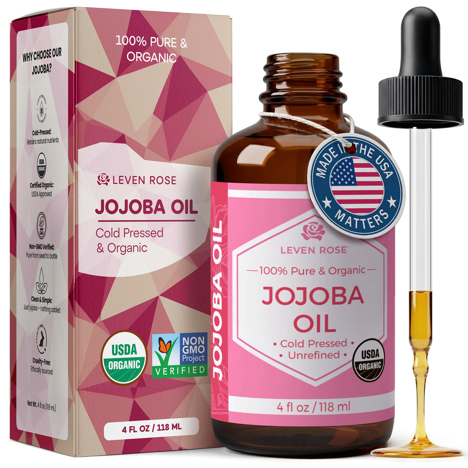 Leven Rose amber bottle front view showing pure jojoba oil and clean packaging benefit