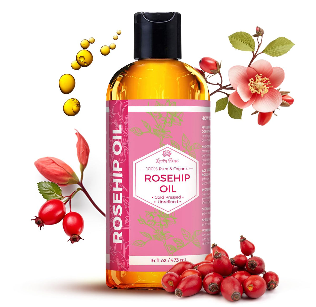 Leven Rose front bottle 16 oz showing label and size for long-lasting supply