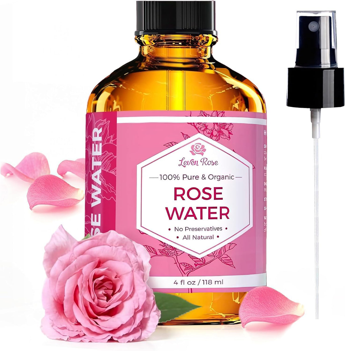 Leven Rose front bottle showing label and 4 oz size benefit