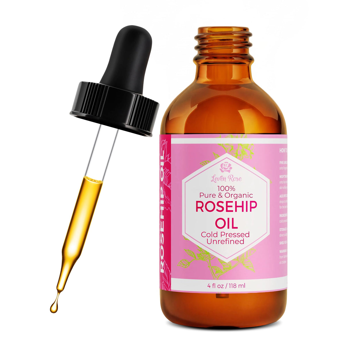 Leven Rose front bottle showing label and amber glass for freshness