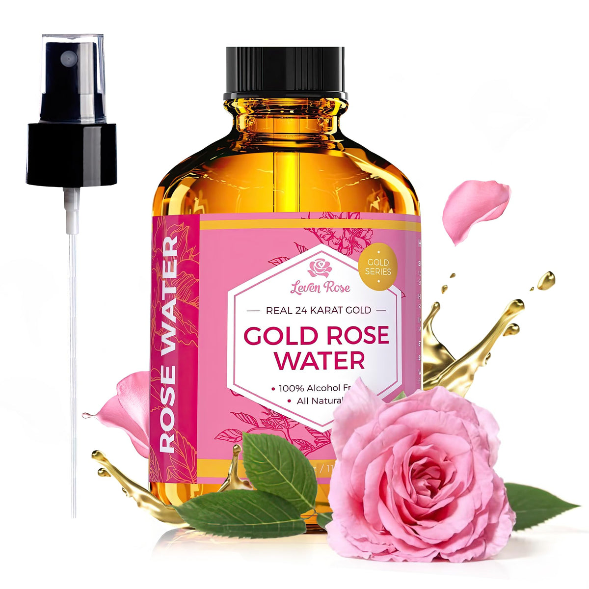 Leven Rose front bottle showing elegant packaging and immediate toner benefit