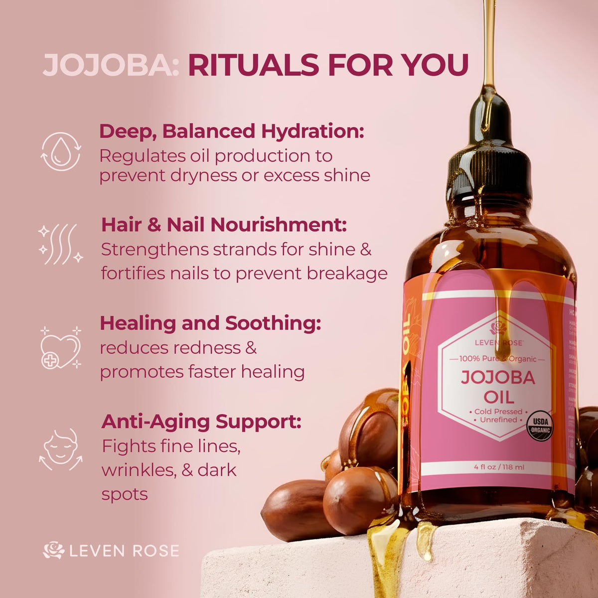 Leven Rose applied to hair ends showing added shine and improved manageability benefit