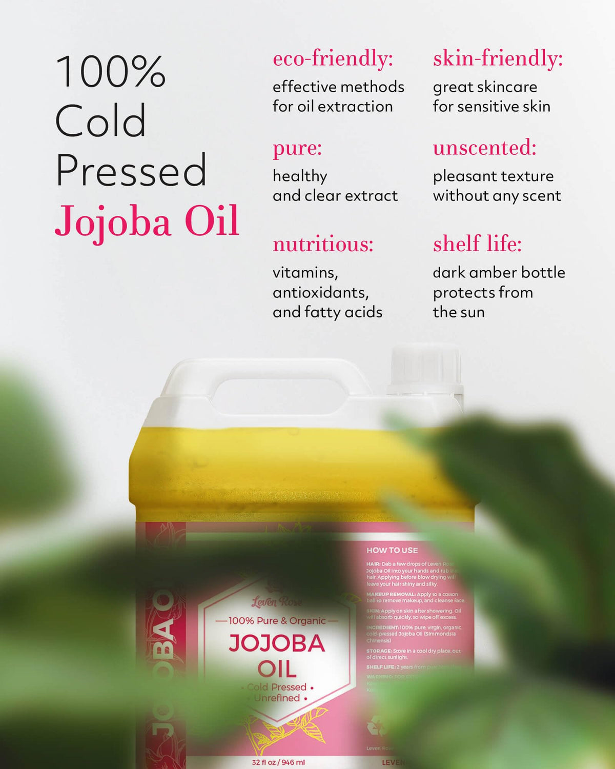 Leven Rose pouring jojoba oil from jug demonstrating easy refill