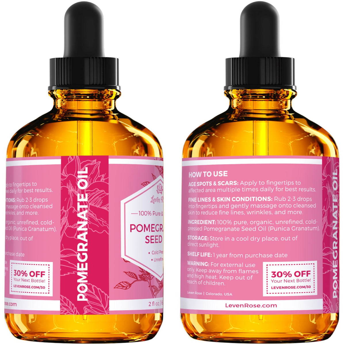 Leven Rose label detail highlighting cold-pressed purity and ingredient transparency
