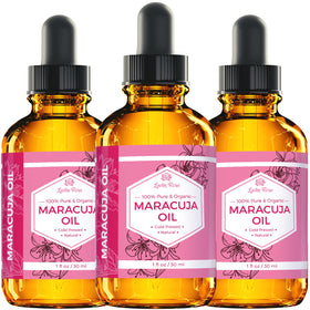 Leven Rose maracuja oil next to a passport showing travel-friendly size