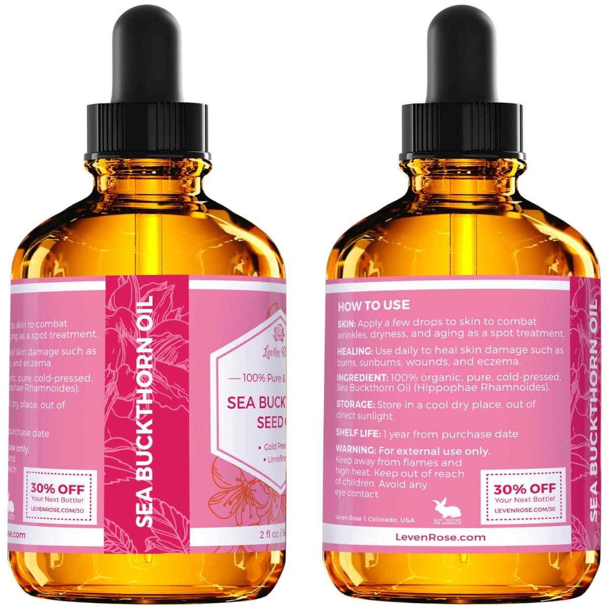 Texture close-up of Leven Rose sea buckthorn oil, highlights rich absorbent finish
