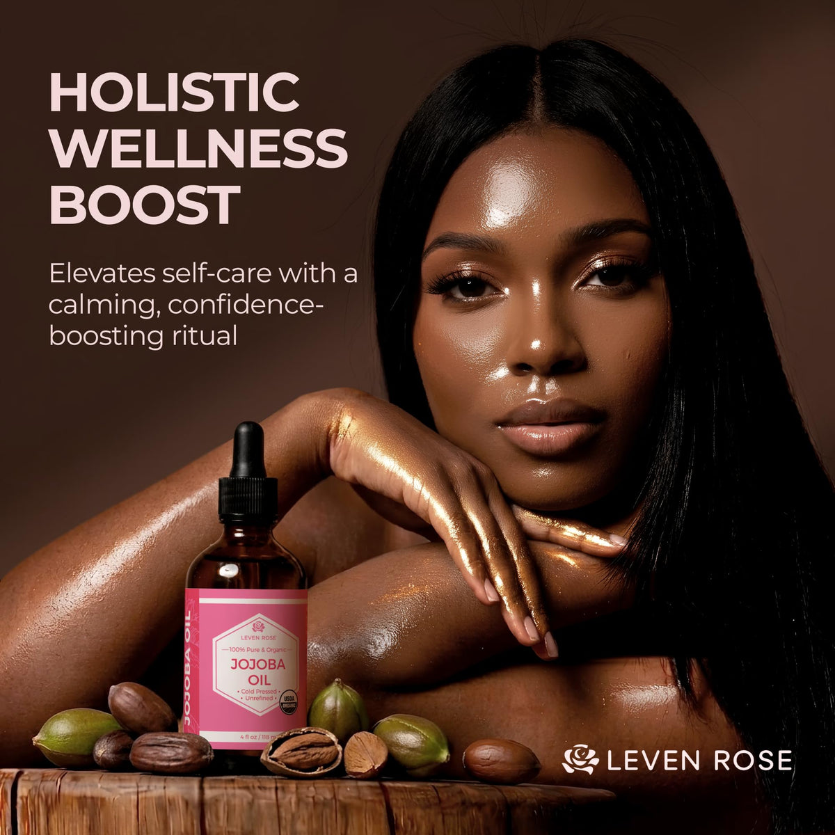 Leven Rose oil on hand demonstrating fast absorption and non-greasy finish benefit