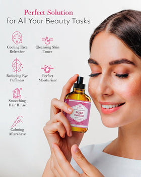 Leven Rose distilled rosewater texture in glass showing pure ingredient clarity