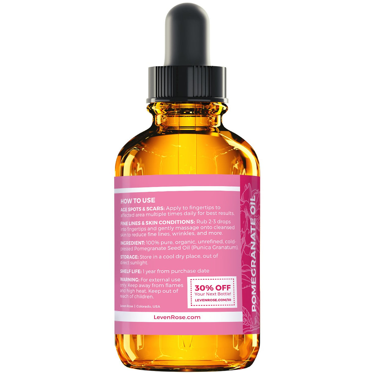Leven Rose close-up of pomegranate seeds highlighting cold-pressed, unrefined origin