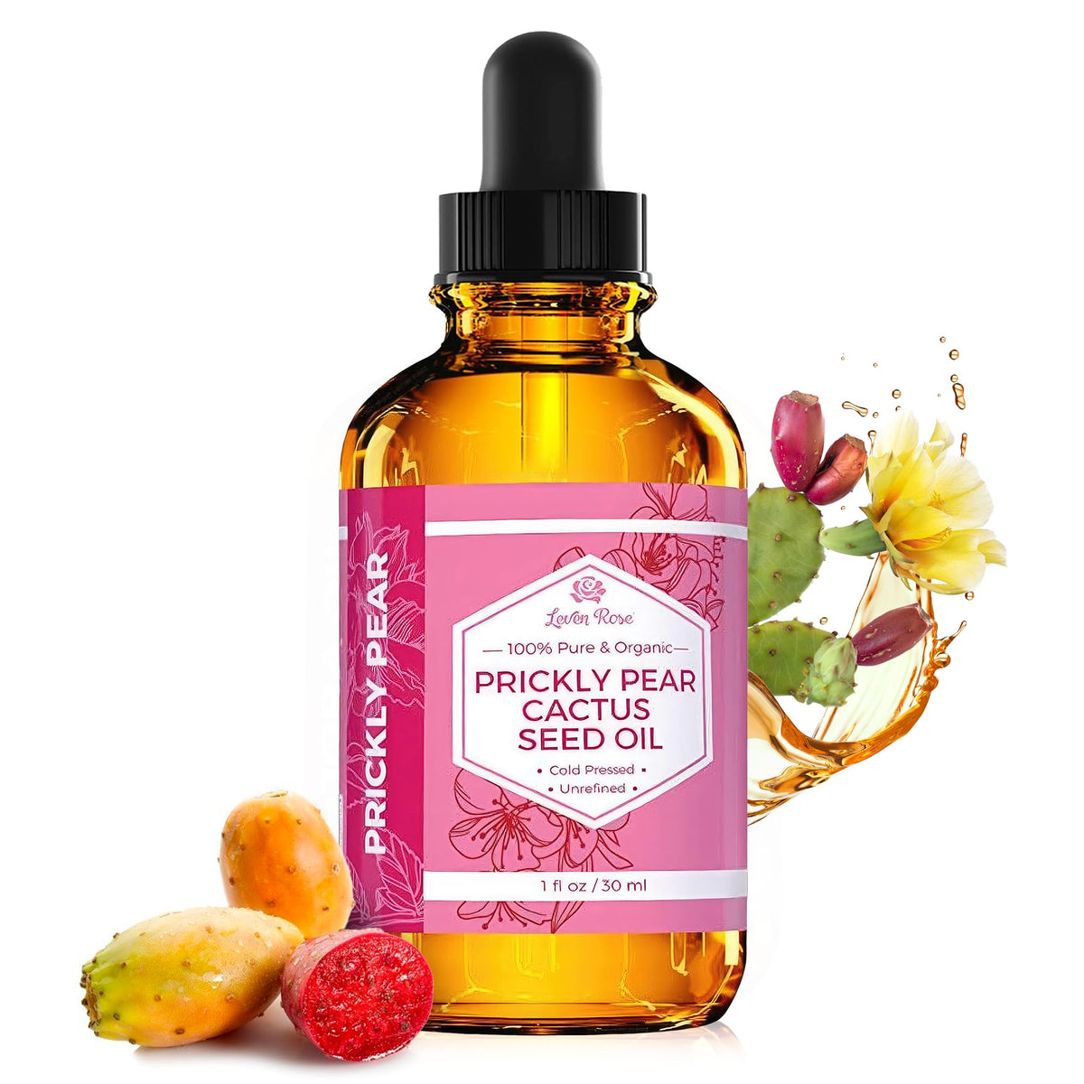 Leven Rose front bottle showing pure prickly pear oil and benefits