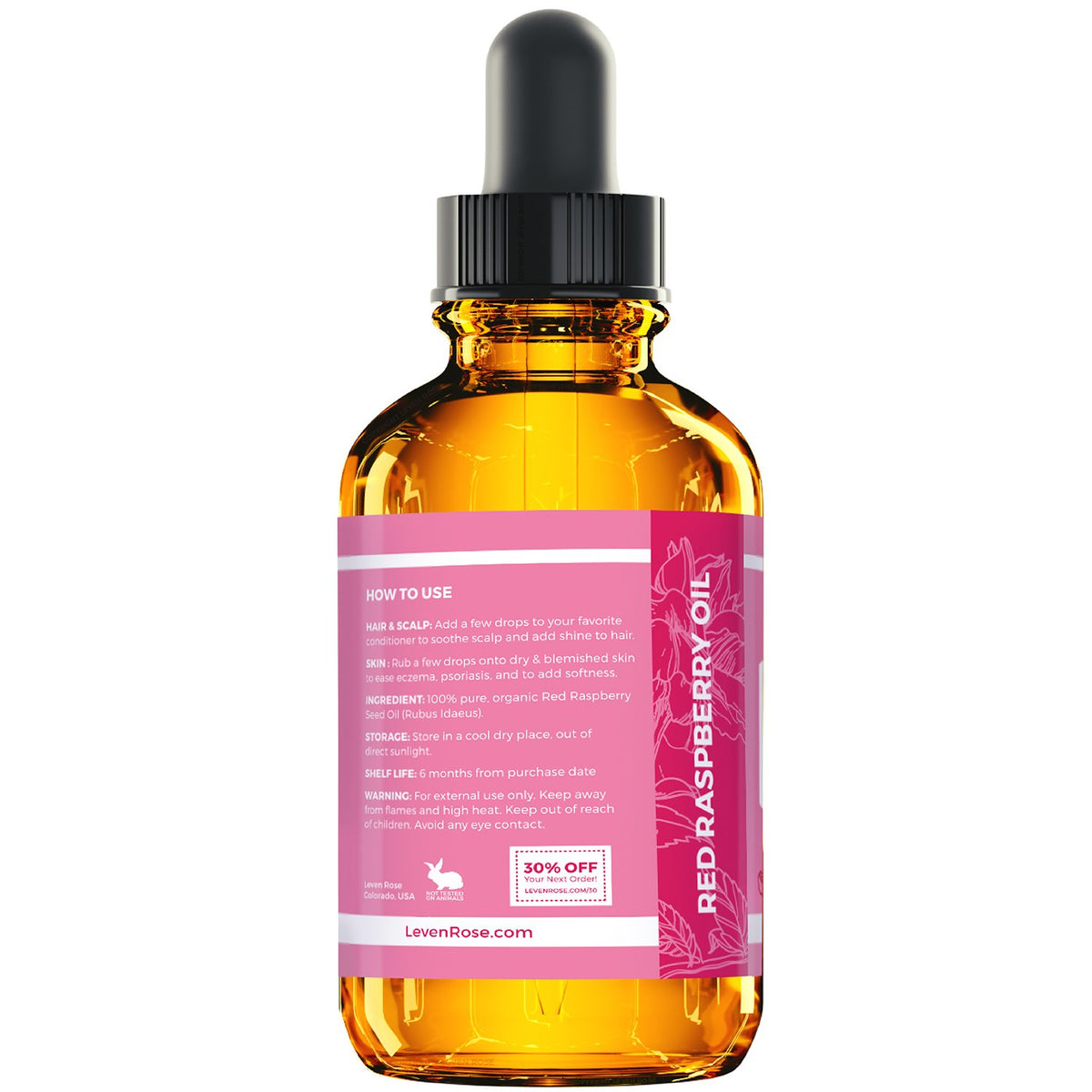 Leven Rose dropper dispensing raspberry seed oil for precise application