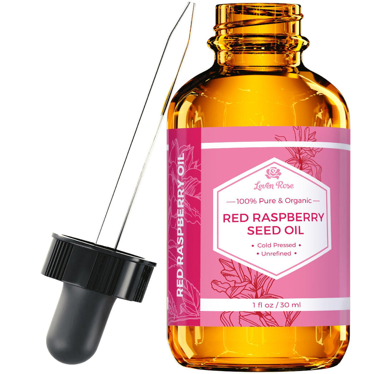 Leven Rose bottle front label showing organic raspberry seed oil benefits