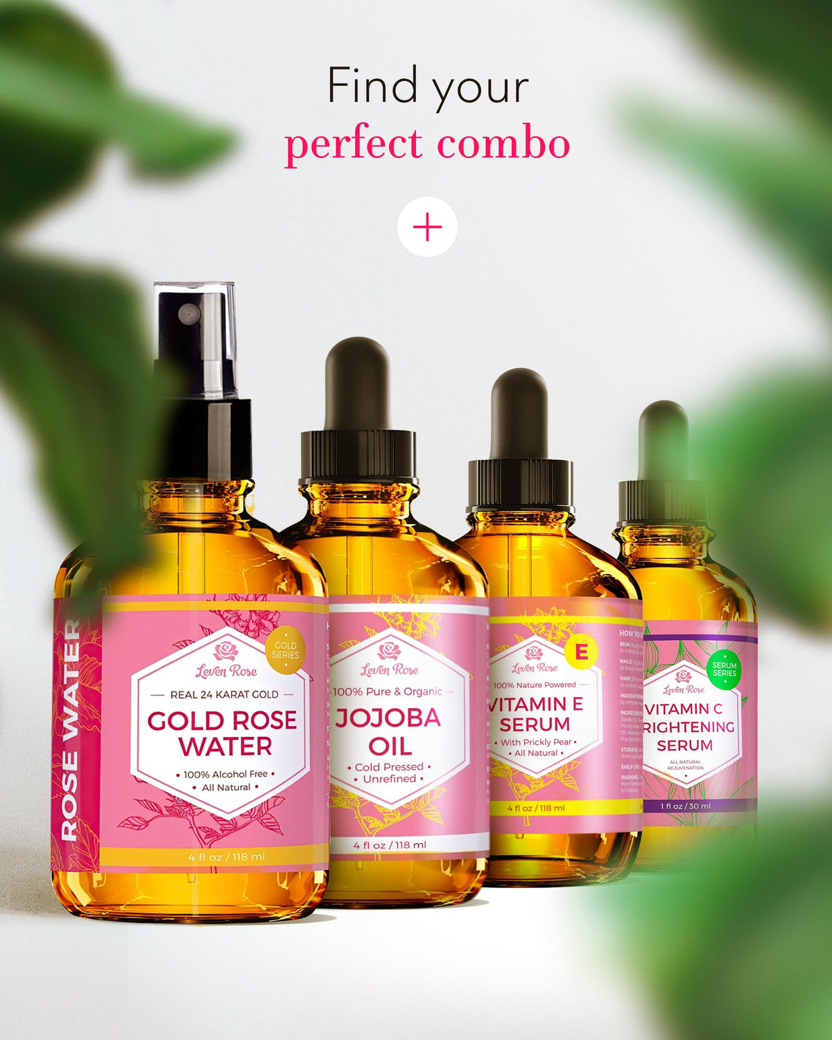 Leven Rose bottle set among fresh rose petals emphasizing botanical purity